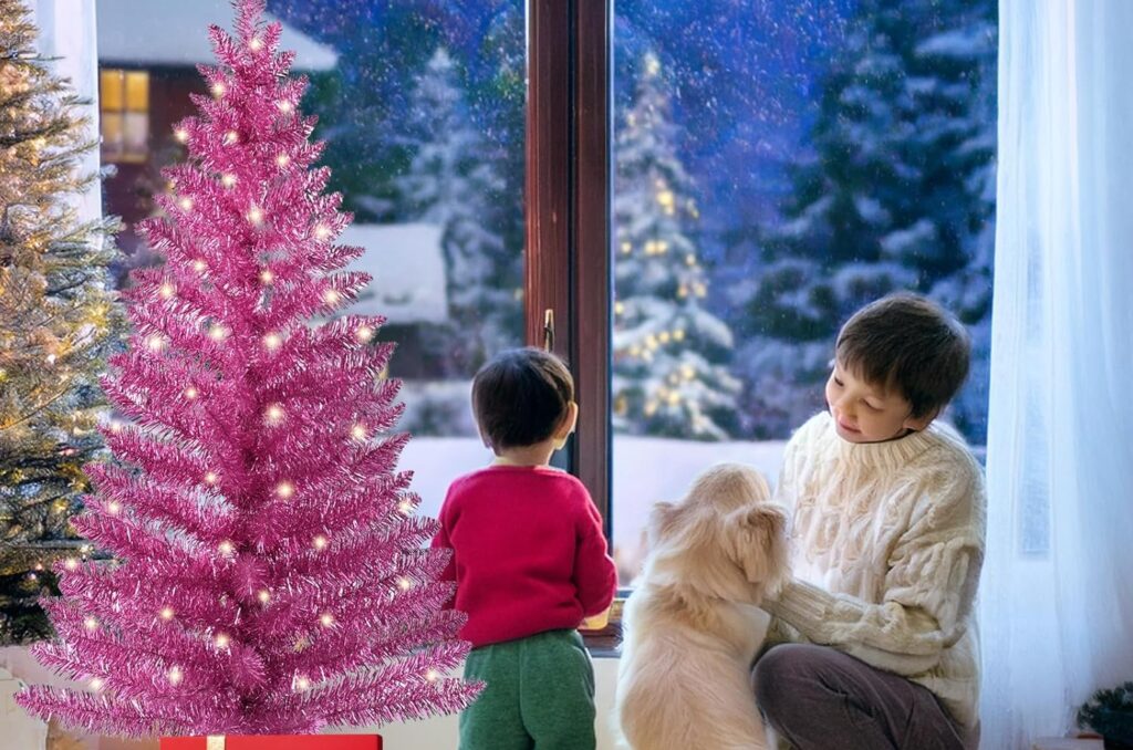 Hot pink Christmas tree, perfect for the Candy Land Christmas trend