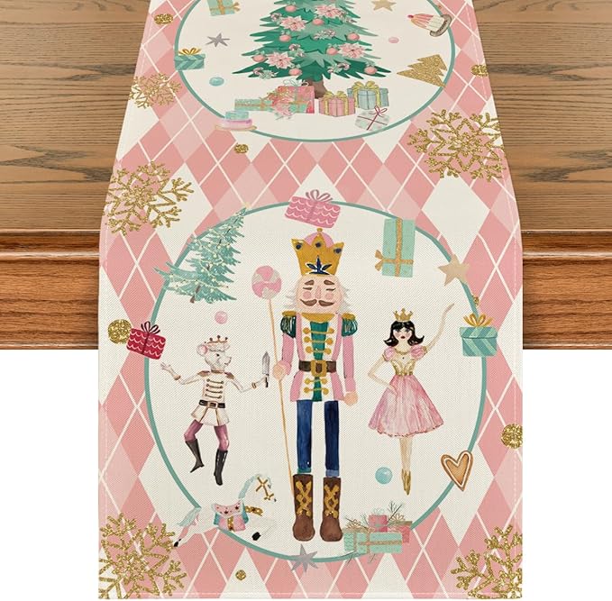 Pink, white, and gold Nutcracker table runner