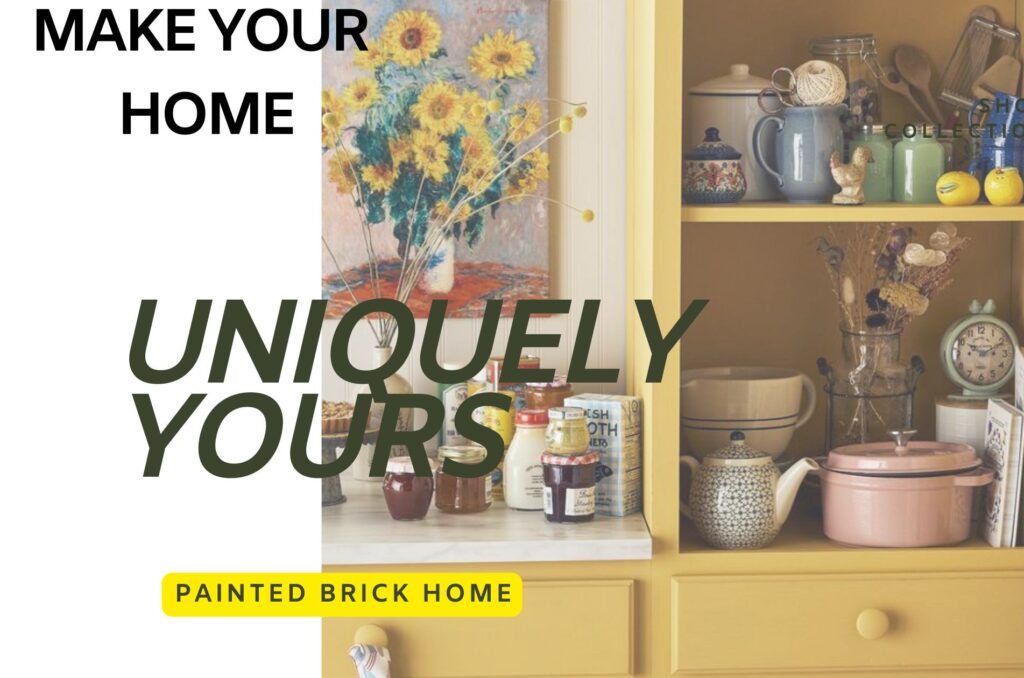 Yellow cabinet with mismatched dishes and kitchen goods with words "Uniquely Yours" on the top