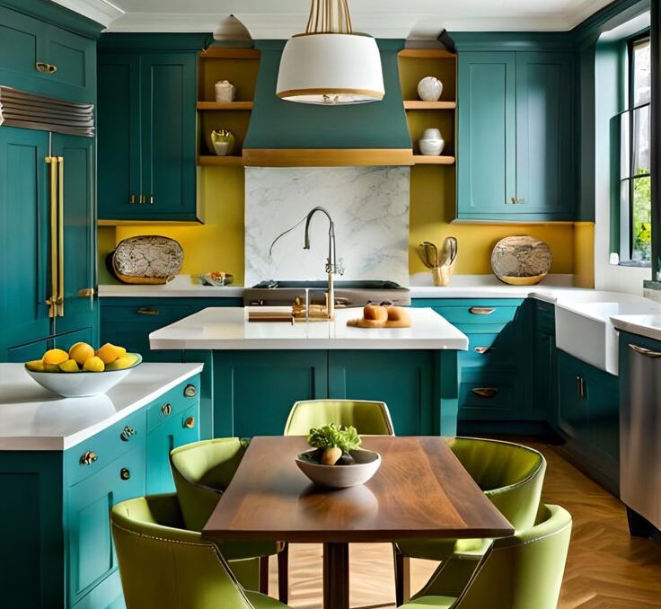 Turquoise kitchen cabinets create a moody, interesting kitchen aesthetic.  