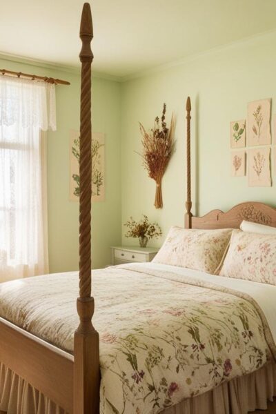 cottagecore bedroom decor ideas like floral bedding, dried flowers, and antique furniture