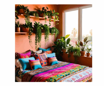 Boho bedroom decor with houseplants on a shelf, colorful quilt on bed, and orange walls