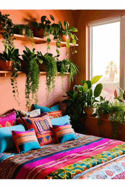 Boho bedroom decor with houseplants on a shelf, colorful quilt on bed, and orange walls