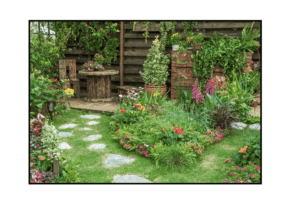 whimsical flower garden with bright flowers and overgrown shrubbery
