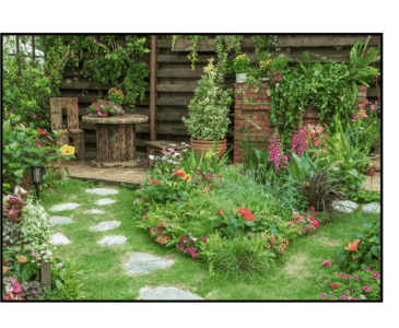 whimsical flower garden with bright flowers and overgrown shrubbery